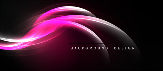 Abstract pink, white flow lines over black background. Dynamic curves create modern visual effect. Simple design elements present.