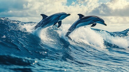 Fototapeta premium Playful dolphins leaping over ocean waves in hawaii, pacific ocean marine wildlife scene