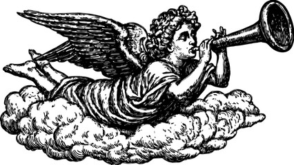 Vintage illustration of an angel with a trumpet on clouds. Classic black and white vector artwork depicting a musical theme.