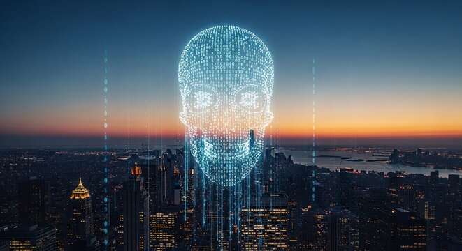 Digital skull overlaying a cityscape at dusk, symbolizing cybercrime, data breach, or the dark web, with a sense of technological threat
