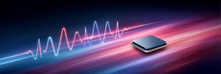 Ai healthcare futuristic microchip on glowing data stream with pulse waveform and motion blur