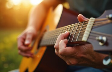 Obraz premium Man plays guitar in nature at sunset time. Musician holds acoustic instrument. He plays music outdoors. Close-up artist fingers pluck strings on guitar. Man performing song.