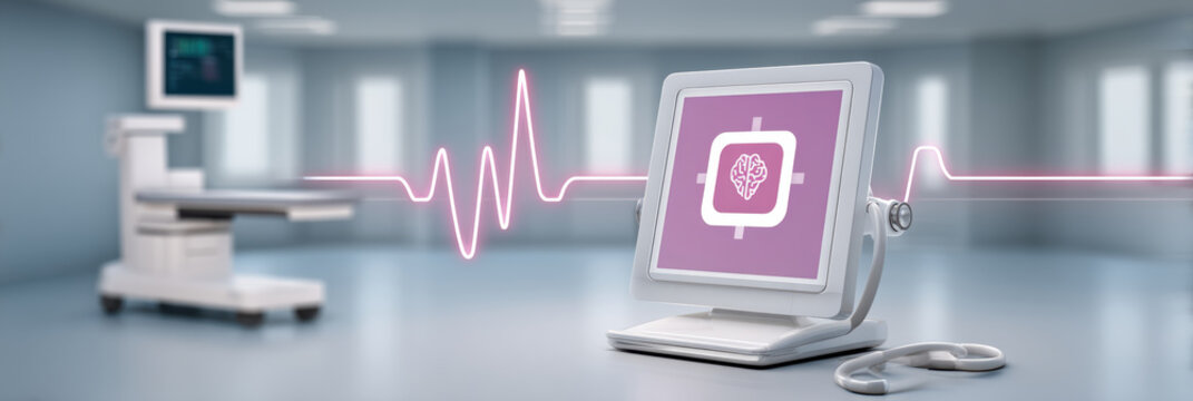 AI healthcare monitor with neural chip icon and heartbeat waveform in clinical room