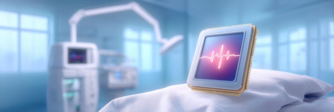Ai healthcare wearable sensor on hospital bed displaying heart rhythm - Powered by Adobe