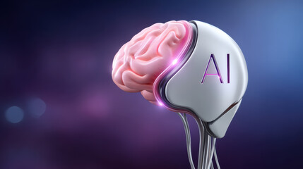 AI enhanced pink brain merging with futuristic healthcare device conveying innovation and empathy