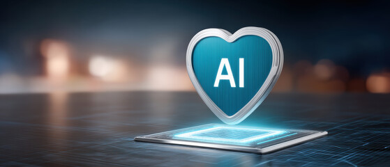 AI healthcare heart icon above tablet representing medical technology innovation and compassion