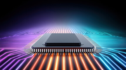 Ai healthcare microchip on glowing circuit board with neon light pathways and futuristic energy