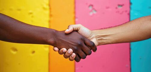Two people shake hands. Their hands are clasped firmly against a vibrant colorful background. Image portrays deal collaboration partnership agreement unity together.