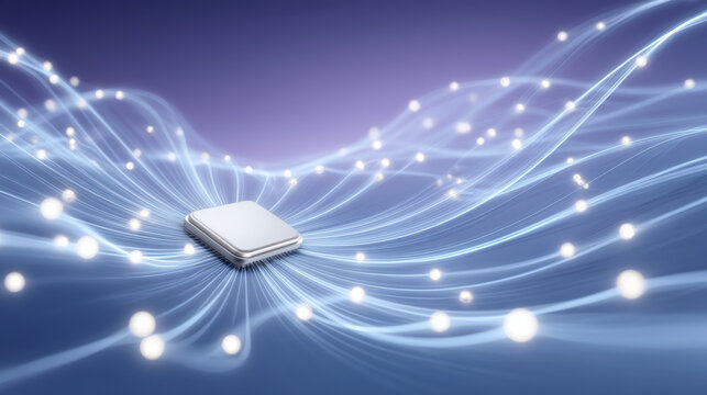 Ai healthcare chip delivering data flow and glowing fiber optic network in calm blue light - Powered by Adobe