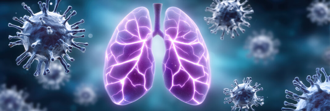 Ai healthcare glowing lung illustration with virus particles showing respiratory infection