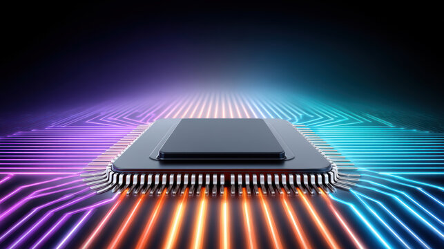 Ai healthcare microchip on glowing circuit board with neon light pathways and futuristic energy