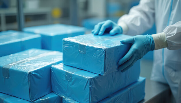 Person in protective wear handling medical supply boxes in warehouse. Worker wearing gloves carefully manages pharmaceutical product packaging. Process involves quality control, sterile environment - Powered by Adobe