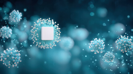 Ai healthcare microchip virus hybrid concept microprocessor surrounded by spherical particles