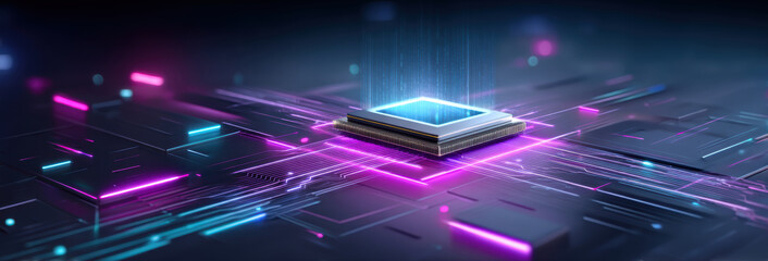 Ai healthcare futuristic microchip glowing on circuit board with neon lights and dynamic emotion