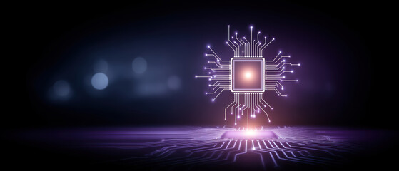 Ai healthcare glowing microchip circuit in futuristic purple lightscape inspiring innovation