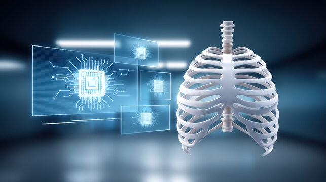 Ai healthcare futuristic medical imaging with digital circuit screens and human ribcage model