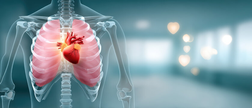 Transparent chest x ray style anatomy showing glowing heart and lungs ai healthcare imagery