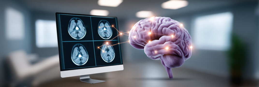 Ai healthcare brain scan on monitor showing MRI images with neural network connections