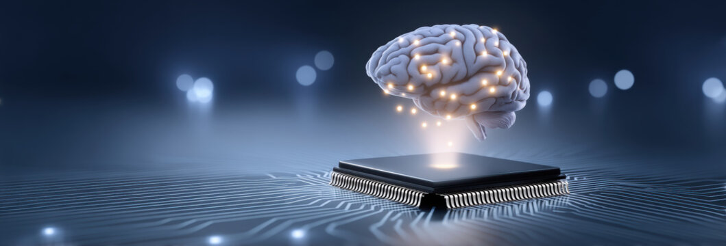 AI brain hologram glowing above microchip platform ai healthcare innovation futuristic circuitry