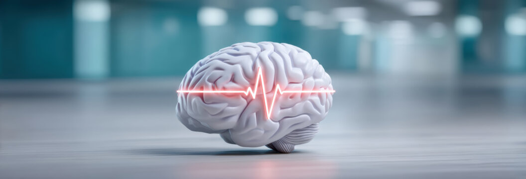 Ai healthcare brain model with heartbeat pulse glowing line in modern clinical space