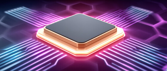 Ai healthcare futuristic microchip glowing circuit board with neon lighting and hexagon pattern