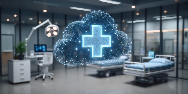 Ai healthcare cloud network in modern hospital room showing digital medical data and care