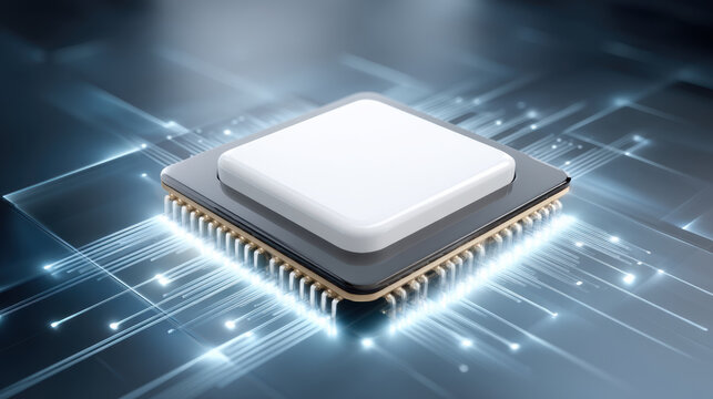 AI enabled healthcare microchip glowing on circuit board with data flow and futuristic lighting