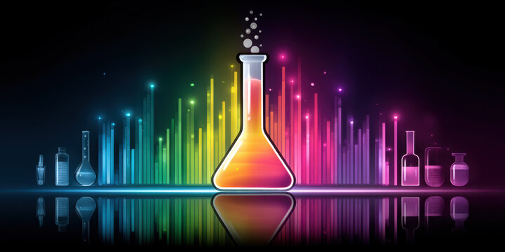 Vibrant chemistry flask ai healthcare glowing rainbow lab reflection