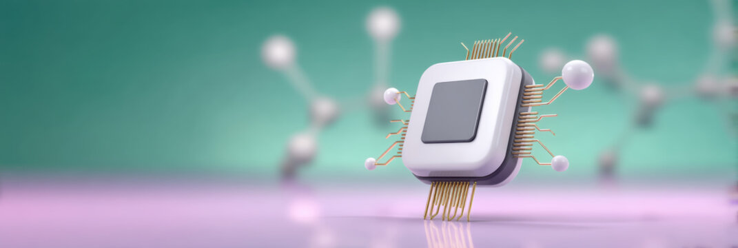 Ai healthcare futuristic microchip on reflective surface with molecular network and soft lighting