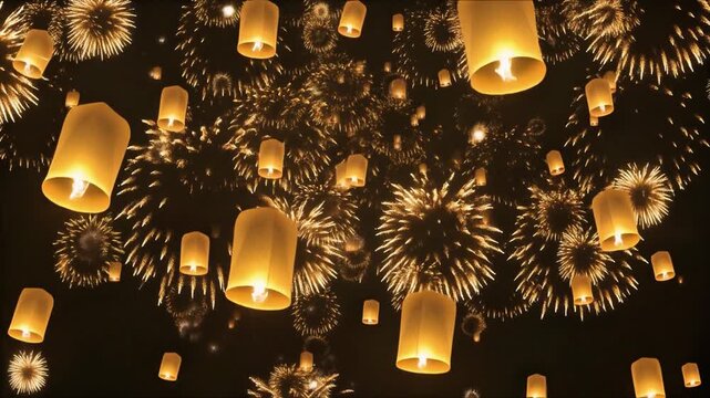 Sky lanterns floating night fireworks festival celebration background animation