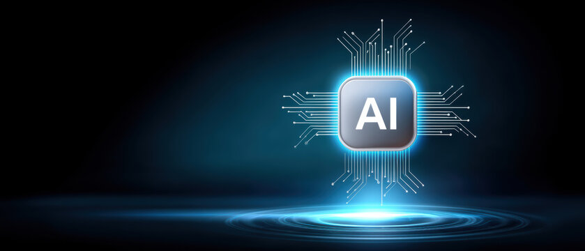 AI driven healthcare chip glowing on dark background with circuit rays and blue light