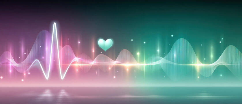 Ai healthcare pulse visualization with glowing heart and colorful soundwave landscape evoking
