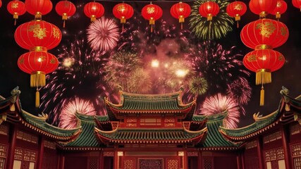 Chinese temple lantern fireworks celebration lunar new year background
