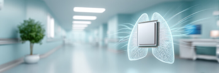 Ai healthcare futuristic microchip integrated with transparent lungs modern hospital corridor