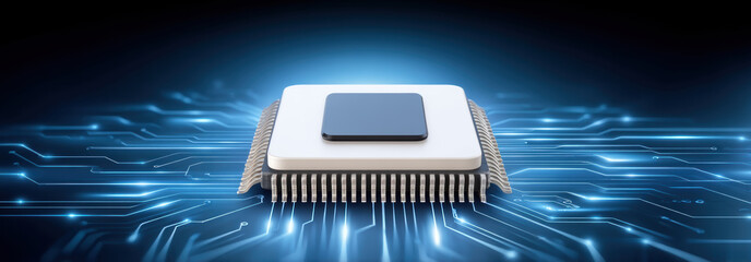 AI healthcare microchip glowing circuit board with futuristic blue light and clean technology