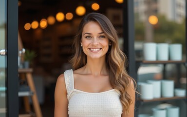 Woman in front of her shop. High quality