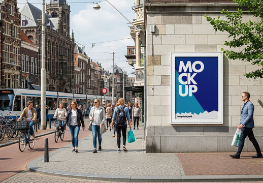 Urban poster mockup on city wall
