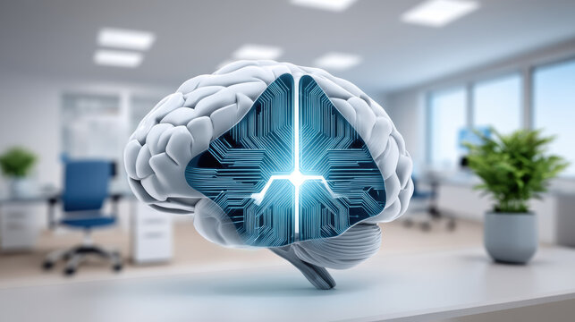 Ai healthcare neural interface concept brain with glowing circuit core in modern clinic
