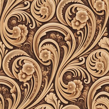 Intricate western style leather tooling pattern featuring swirling floral motifs and detailed embossed textures