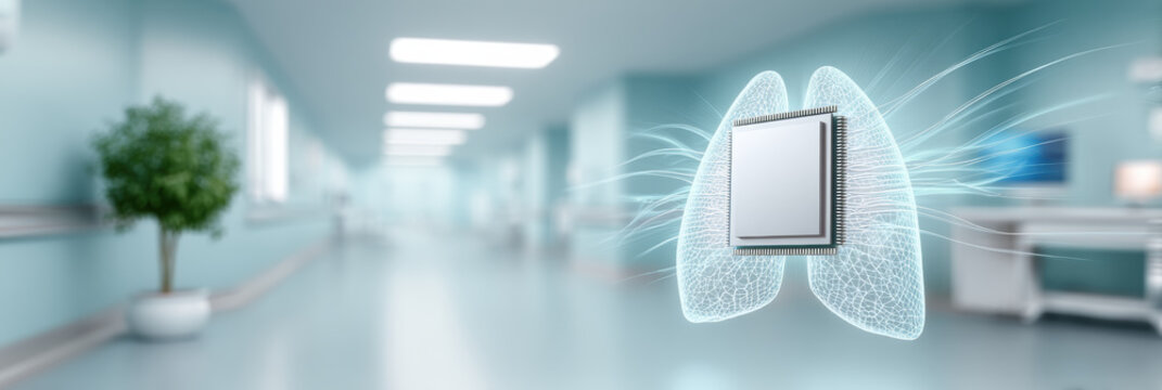 Ai healthcare futuristic microchip integrated with transparent lungs modern hospital corridor