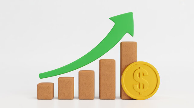 A 3D rendered business growth chart showing an ascending trend with brown rectangular bars and a green upward arrow
