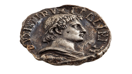 Ancient Roman coin with Caesar portrait background isolated on a Transparent background, PNG file.