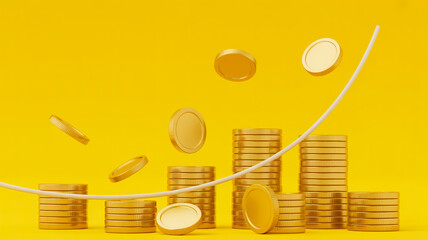 A 3D rendered financial growth chart showing plant growth on stacked copper coins