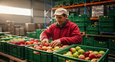 Smiling man sorting apples into crates inside a warehouse during harvest season