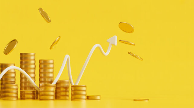 A 3D rendered financial growth chart showing plant growth on stacked copper coins