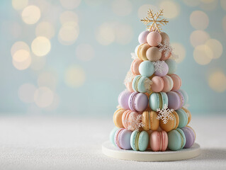 Macaron christmas tree perfect for holiday designs. Eye catching and festive, suitable for greeting cards, social media posts, and advertisements.