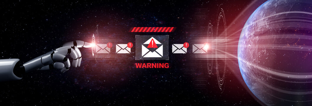 A futuristic scene depicting a robotic hand pointing at warning messages about cybersecurity threats, set against a cosmic background. Ideal for digital communication concepts. Gantry