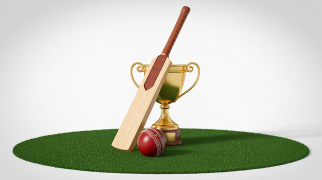 A 3D rendering of a cricket trophy scene on a circular patch of vibrant green grass against a white background