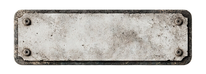 Old concrete nameplate with metal bolts, isolated on transparent cutout background