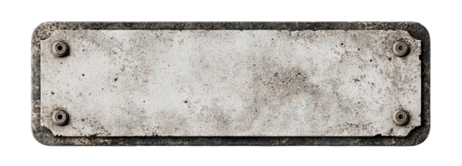 Old concrete nameplate with metal bolts, isolated on transparent cutout background